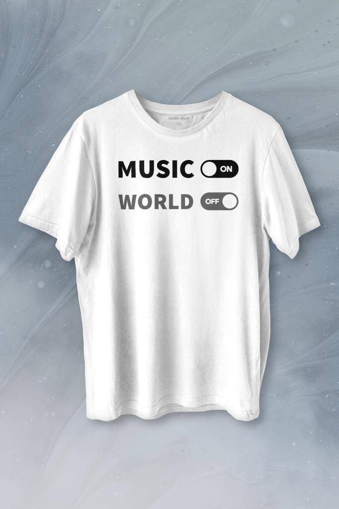 Music On World Off Müzik Dünya Baskılı Beyaz Tişört Unisex