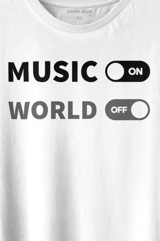 Music On World Off Müzik Dünya Baskılı Beyaz Tişört Unisex (1)
