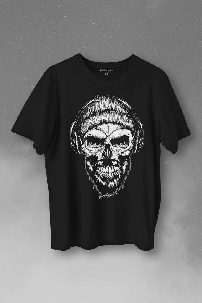Müzik Dinleyen Bereli Kuru Kafa Kulaklık Bere Skull Listen Music Baskılı Siyah Tişört Unisex
