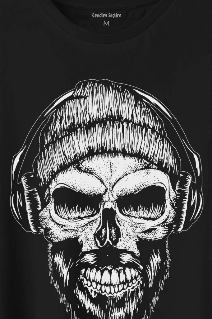 Müzik Dinleyen Bereli Kuru Kafa Kulaklık Bere Skull Listen Music Baskılı Siyah Tişört Unisex (1)