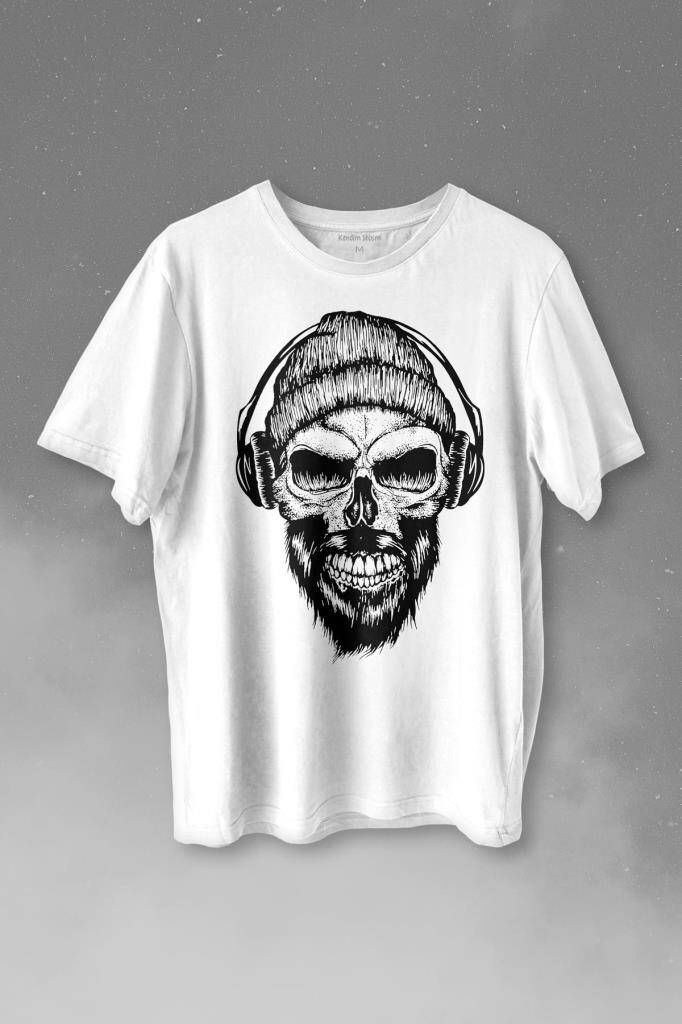 Müzik Dinleyen Bereli Kuru Kafa Kulaklık Bere Skull Listen Music Baskılı Beyaz Tişört Unisex - 1