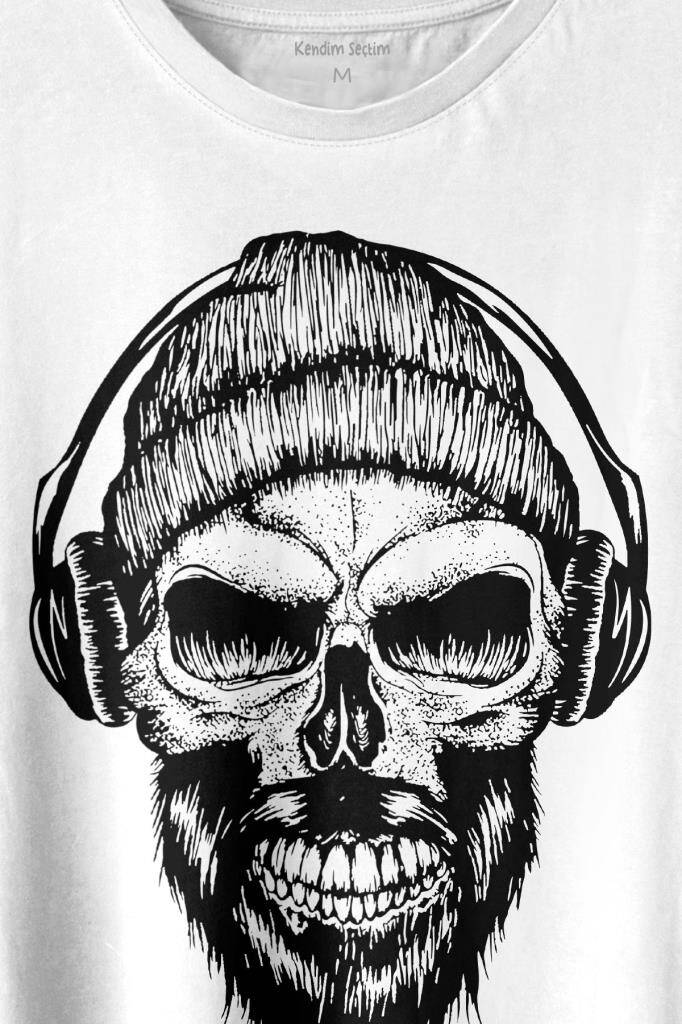 Müzik Dinleyen Bereli Kuru Kafa Kulaklık Bere Skull Listen Music Baskılı Beyaz Tişört Unisex - 2