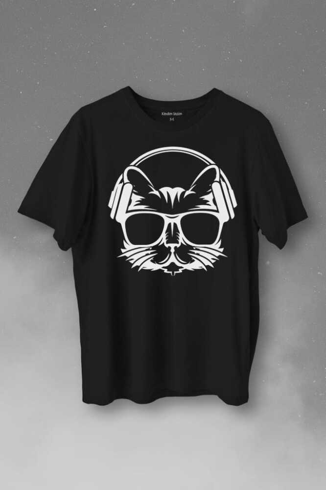 Müzik Dinleyen Kulaklık Kedi Cat Music Baskılı Siyah Tişört Unisex