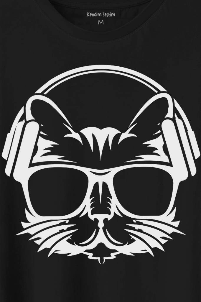 Müzik Dinleyen Kulaklık Kedi Cat Music Baskılı Siyah Tişört Unisex (1)