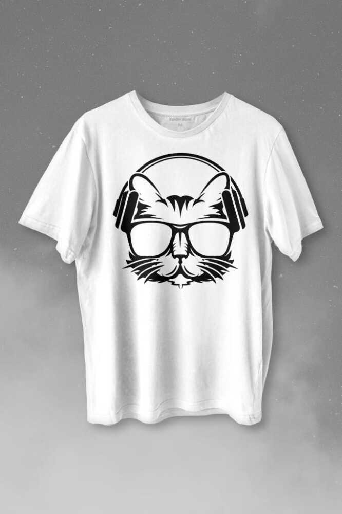 Müzik Dinleyen Kulaklık Kedi Cat Music Baskılı Beyaz Tişört Unisex