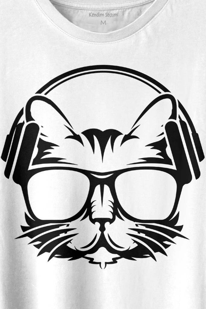Müzik Dinleyen Kulaklık Kedi Cat Music Baskılı Beyaz Tişört Unisex (1)