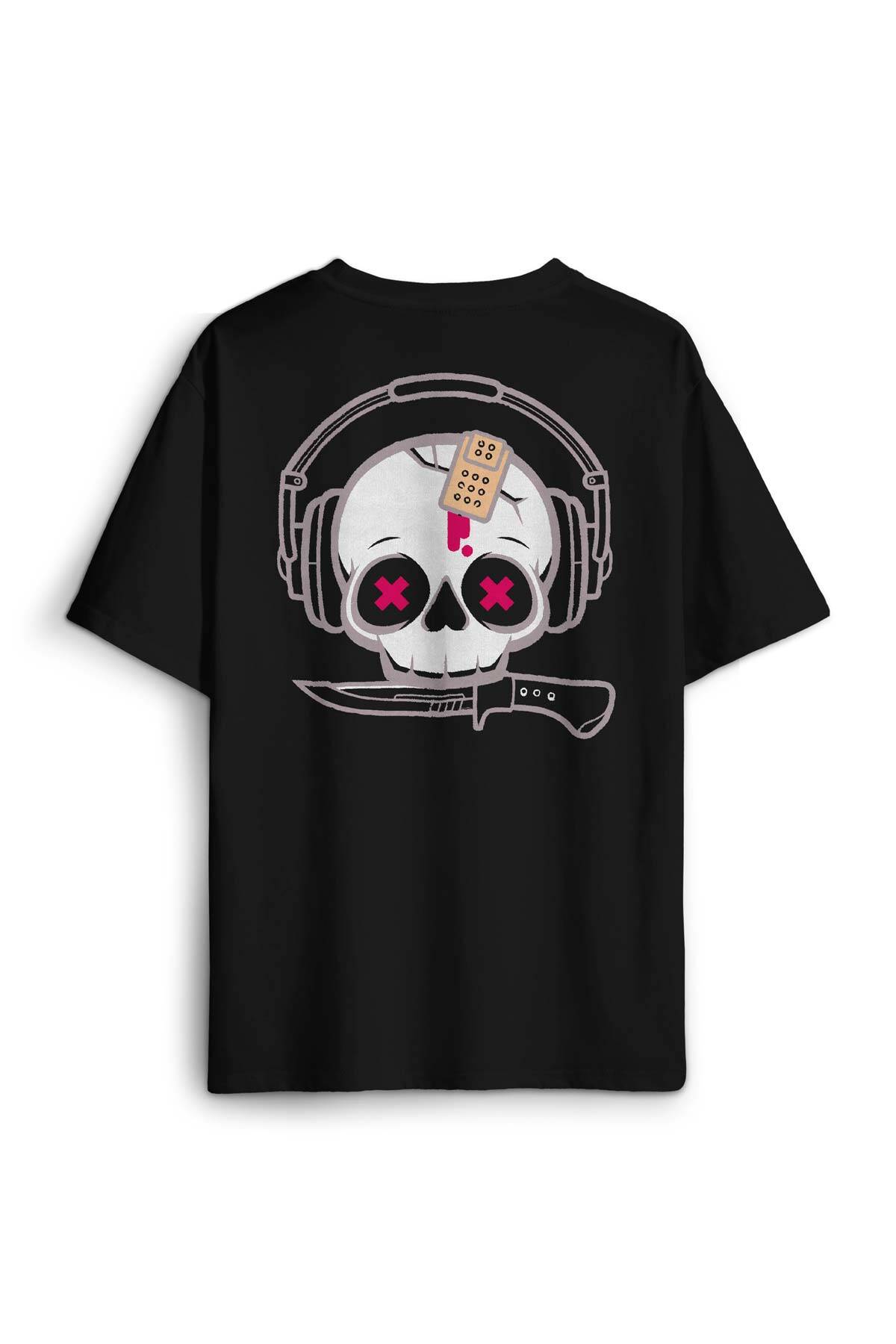 Müzik Dinleyen Kuru Kafa Kulaklık Bıçak Bandı Skull Sırt Ön Baskılı Oversize Tişört Unisex