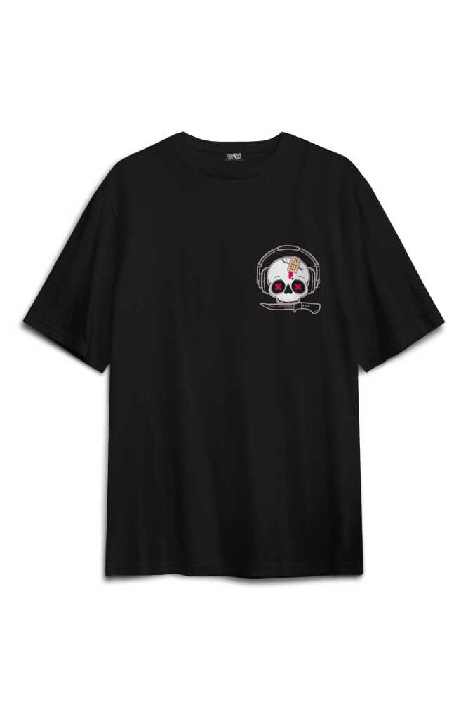 Müzik Dinleyen Kuru Kafa Kulaklık Bıçak Bandı Skull Sırt Ön Baskılı Oversize Tişört Unisex T-Shirt (1)
