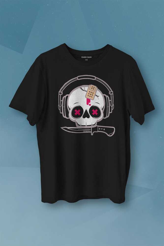 Müzik Dinleyen Kuru Kafa Kulaklık Bıçak Yara Bandı Skull Baskılı Siyah Tişört Unisex