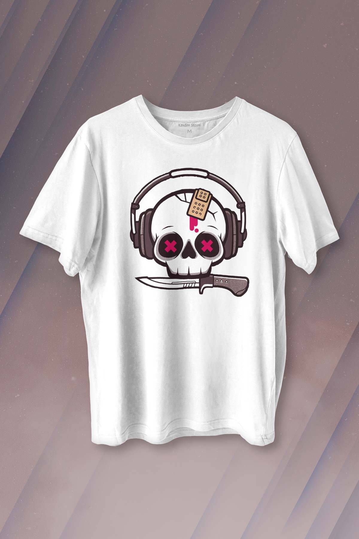 Müzik Dinleyen Kuru Kafa Kulaklık Bıçak Yara Bandı Skull Baskılı Beyaz Tişört Unisex