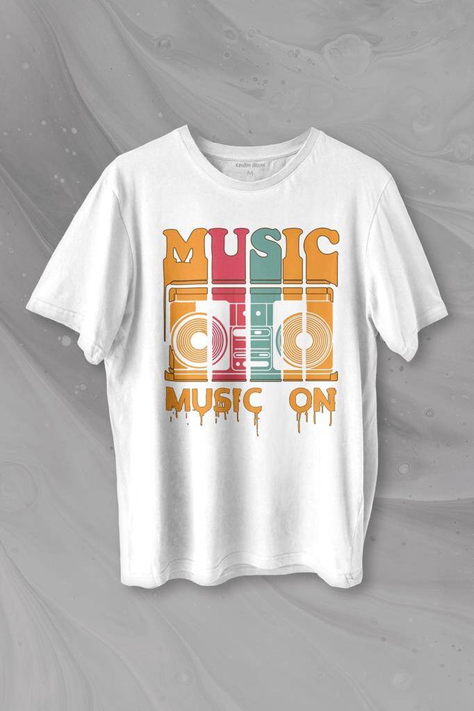 Müzik Music On Kaset Teyp Baskılı Beyaz Tişört Unisex