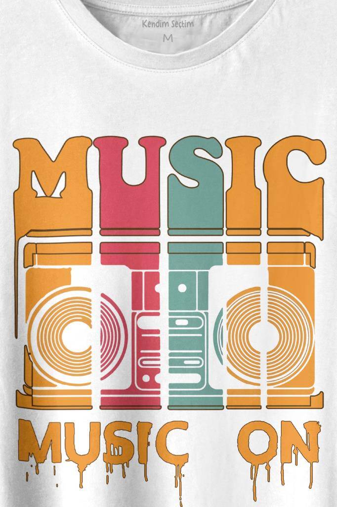Müzik Music On Kaset Teyp Baskılı Beyaz Tişört Unisex (1)
