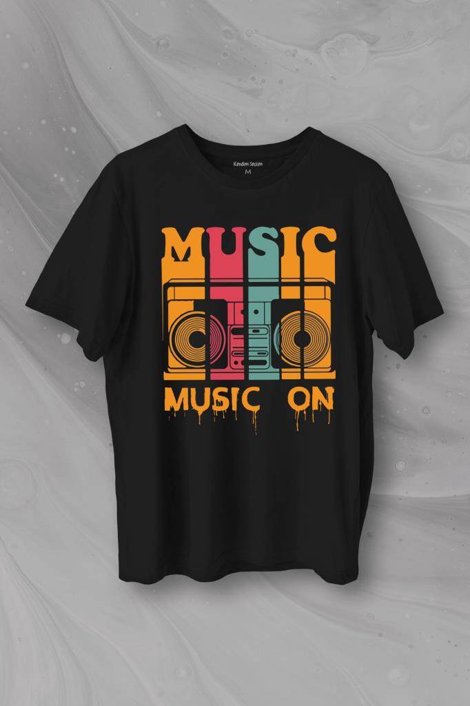 Müzik Music On Kaset Teyp Baskılı Siyah Tişört Unisex