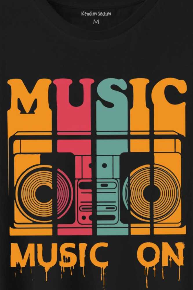 Müzik Music On Kaset Teyp Baskılı Siyah Tişört Unisex (1)