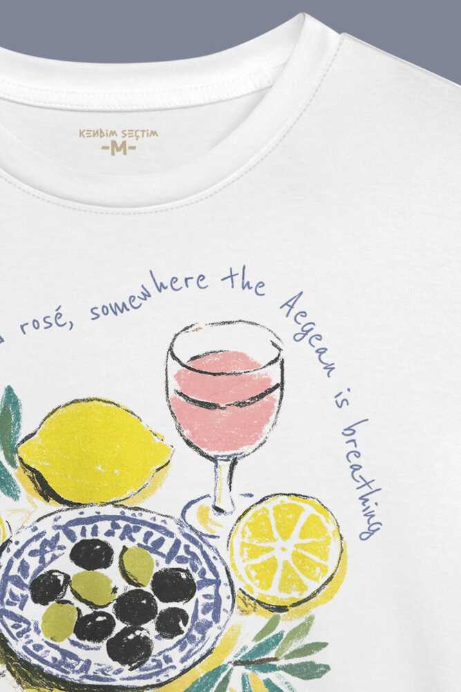 Mykonos Limon Rose Wine Olive Baskılı Summer T-shirt Yaz Mikanos Beyaz Tişört (1)