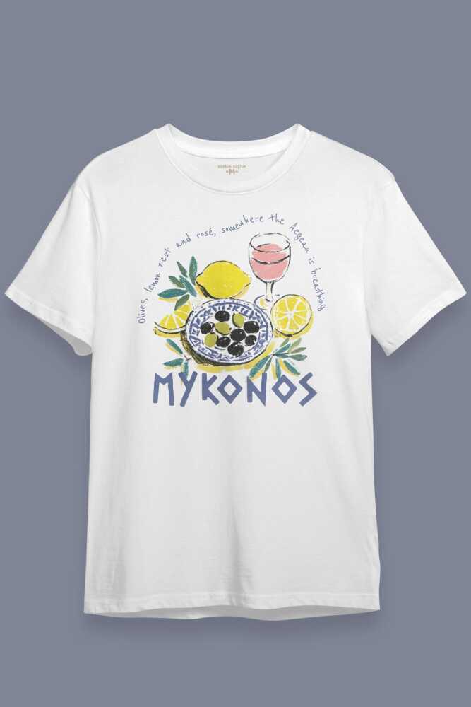 Mykonos Limon Rose Wine Olive Baskılı Summer Yaz Mikonos Beyaz Tişört