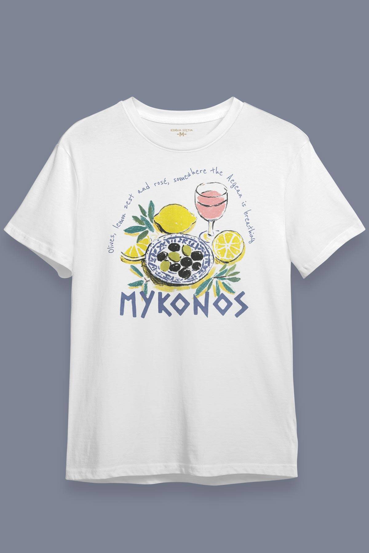 Mykonos Limon Rose Wine Olive Baskılı Summer Yaz Mikonos Beyaz Tişört