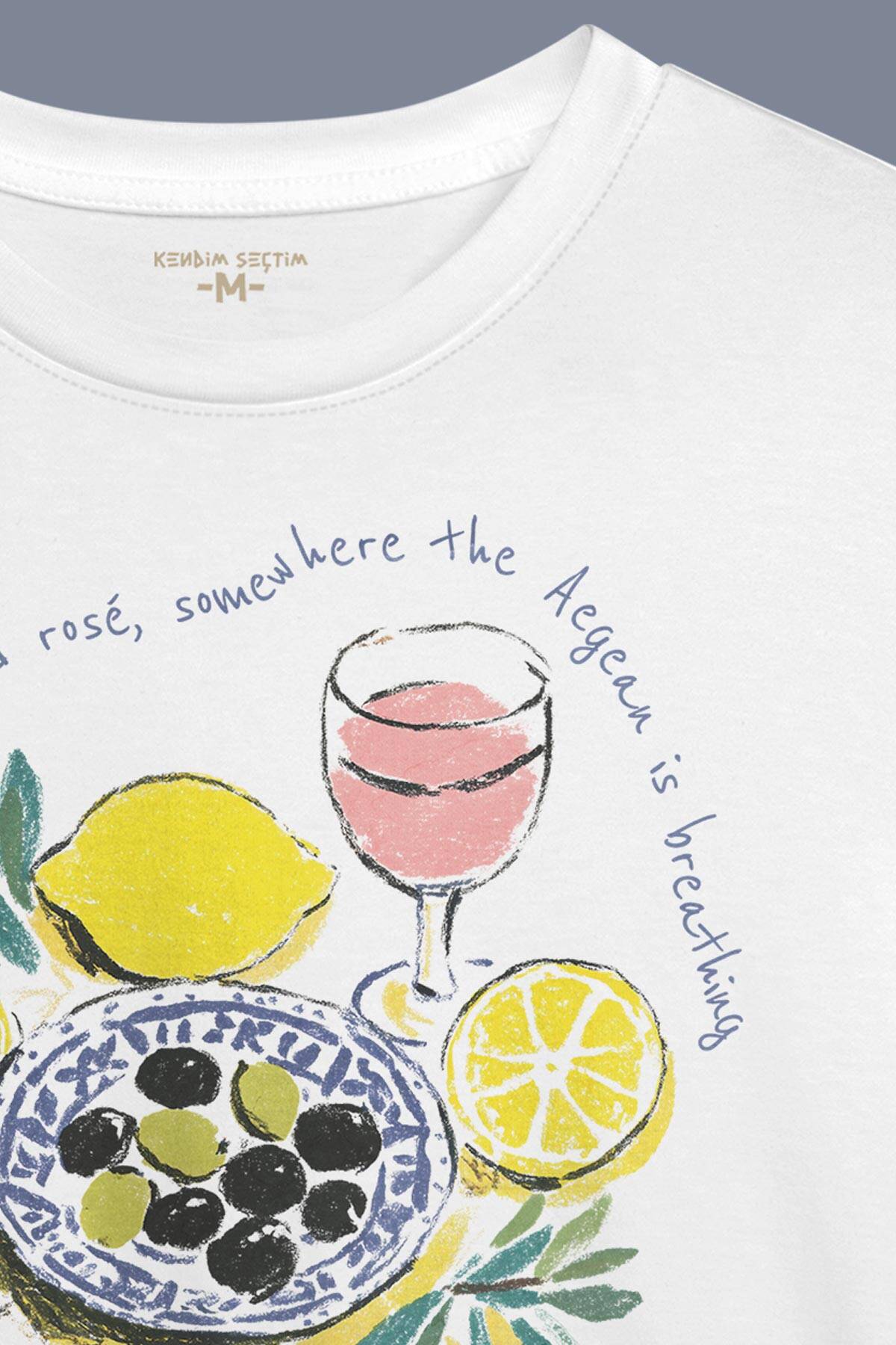 Mykonos Limon Rose Wine Olive Baskılı Summer Yaz Mikonos Beyaz Tişört (1)