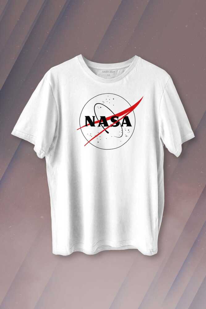 Nasa Logosu Siyah Kırmızı Uzay Cosmos Baskılı Beyaz Tişört Unisex