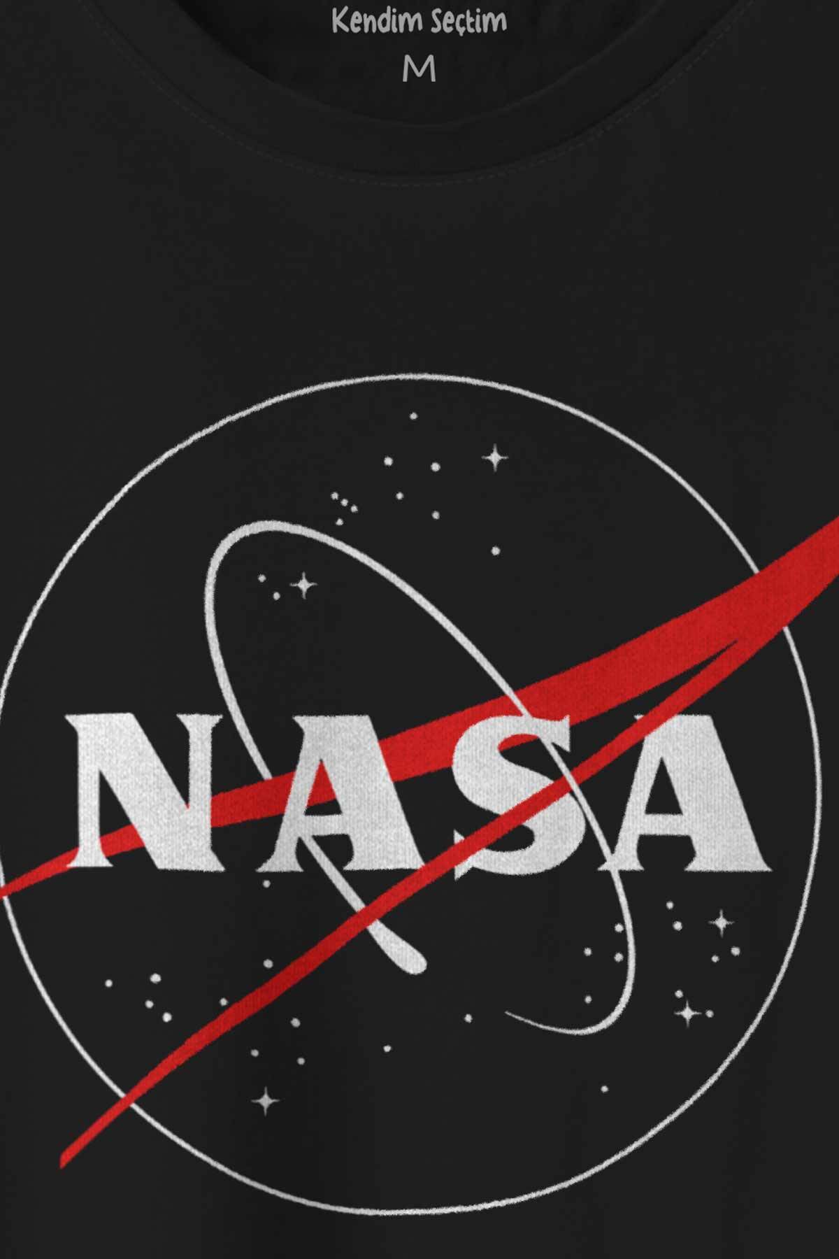 Nasa Logosu Siyah Kırmızı Uzay Cosmos Baskılı Siyah Tişört Unisex (1)