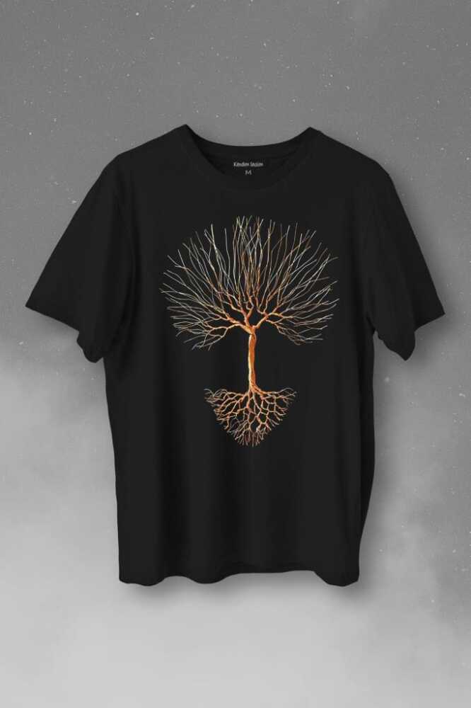 Nature Hayat Ağacı Kuru Ağaç Kökü Baskılı Siyah Tişört Unisex