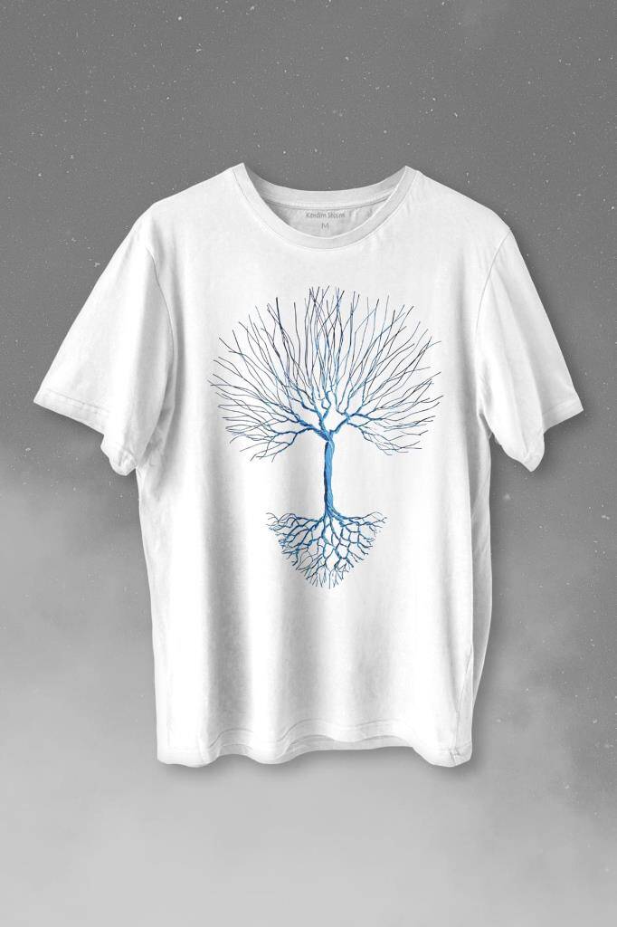 Nature Hayat Ağacı Kuru Ağaç Kökü Baskılı Beyaz Tişört Unisex