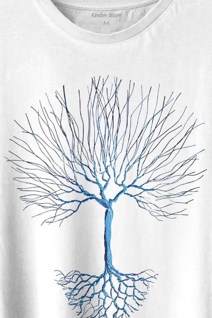 Nature Hayat Ağacı Kuru Ağaç Kökü Baskılı Beyaz Tişört Unisex (1)