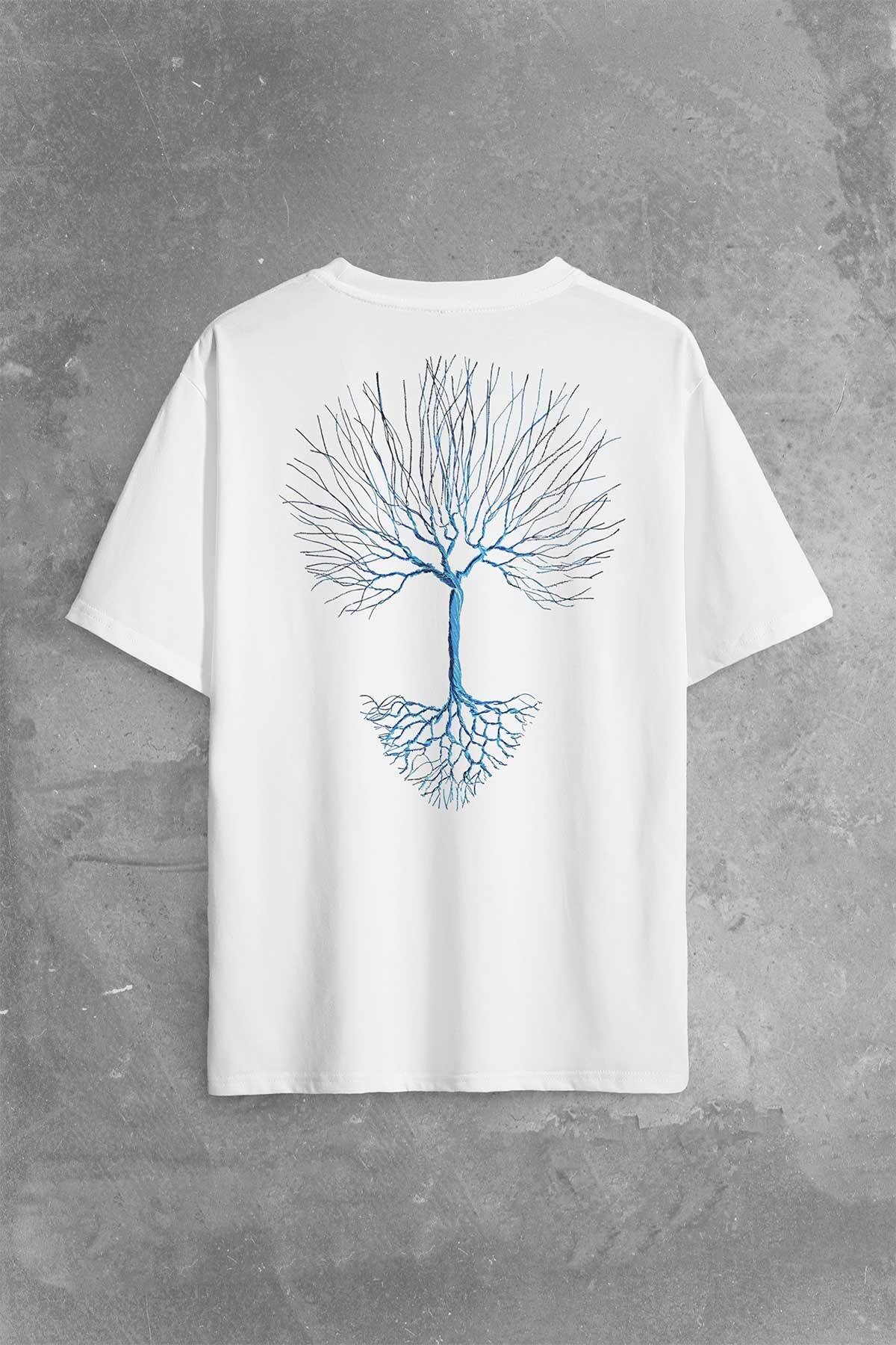 Nature Hayat Ağacı Kuru Ağaç Kökü Sırt Ön Baskılı Beyaz Oversize Tişört Unisex