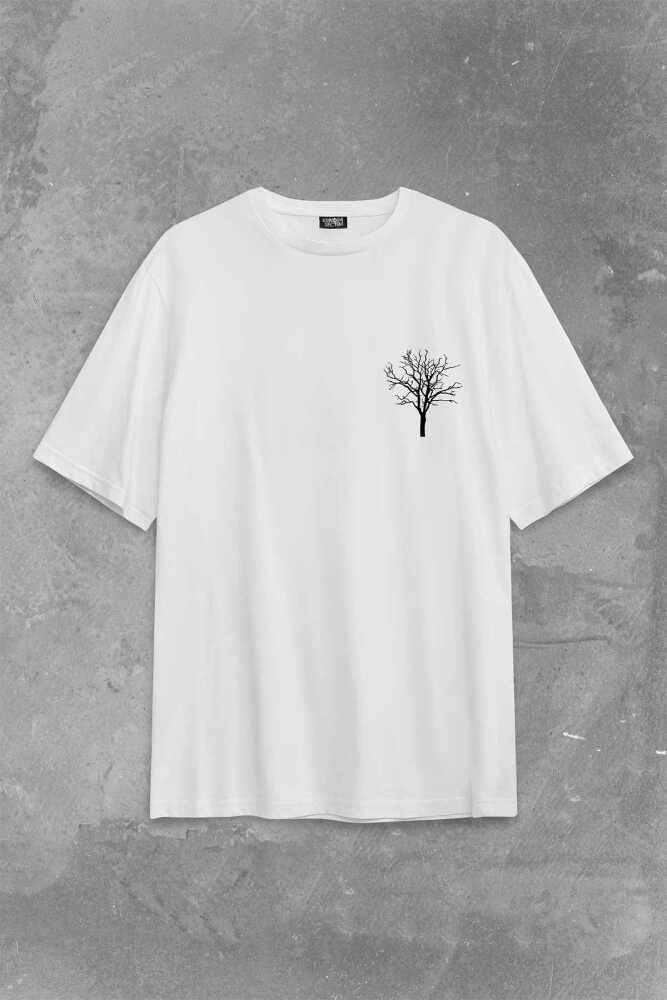 Nature Hayat Ağacı Kuru Ağaç Kökü Sırt Ön Baskılı Beyaz Oversize Tişört Unisex (1)
