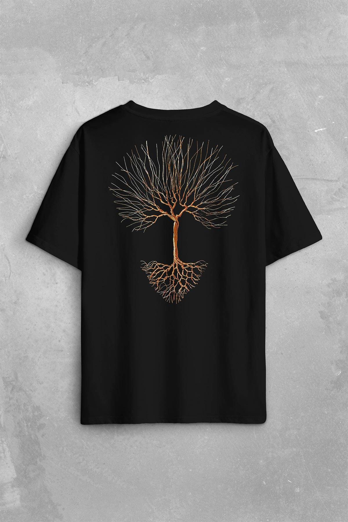 Nature Hayat Ağacı Kuru Ağaç Kökü Sırt Ön Baskılı Siyah Oversize Tişört Unisex