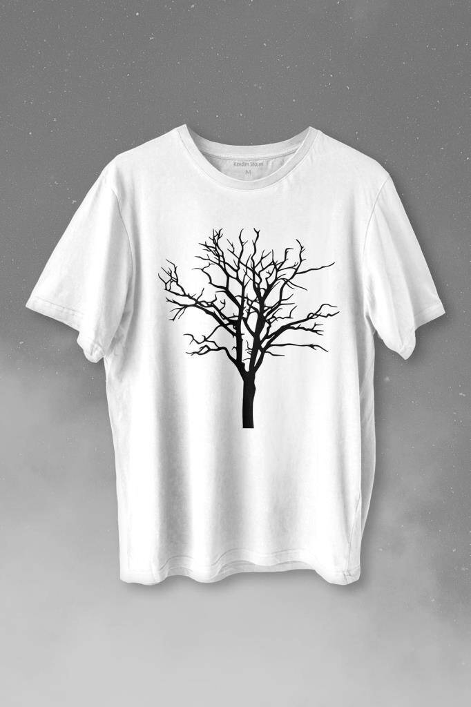 Nature Hayat Ağacı Kuru Ağaç Silueti Minimal Baskılı Beyaz Tişört Unisex