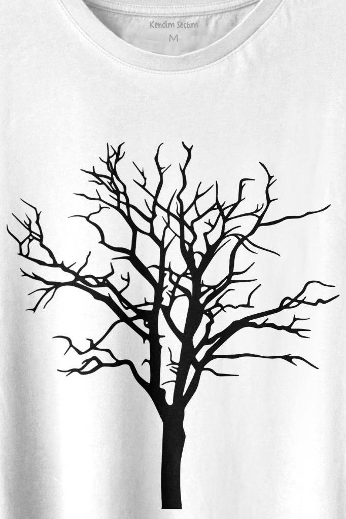 Nature Hayat Ağacı Kuru Ağaç Silueti Minimal Baskılı Beyaz Tişört Unisex (1)