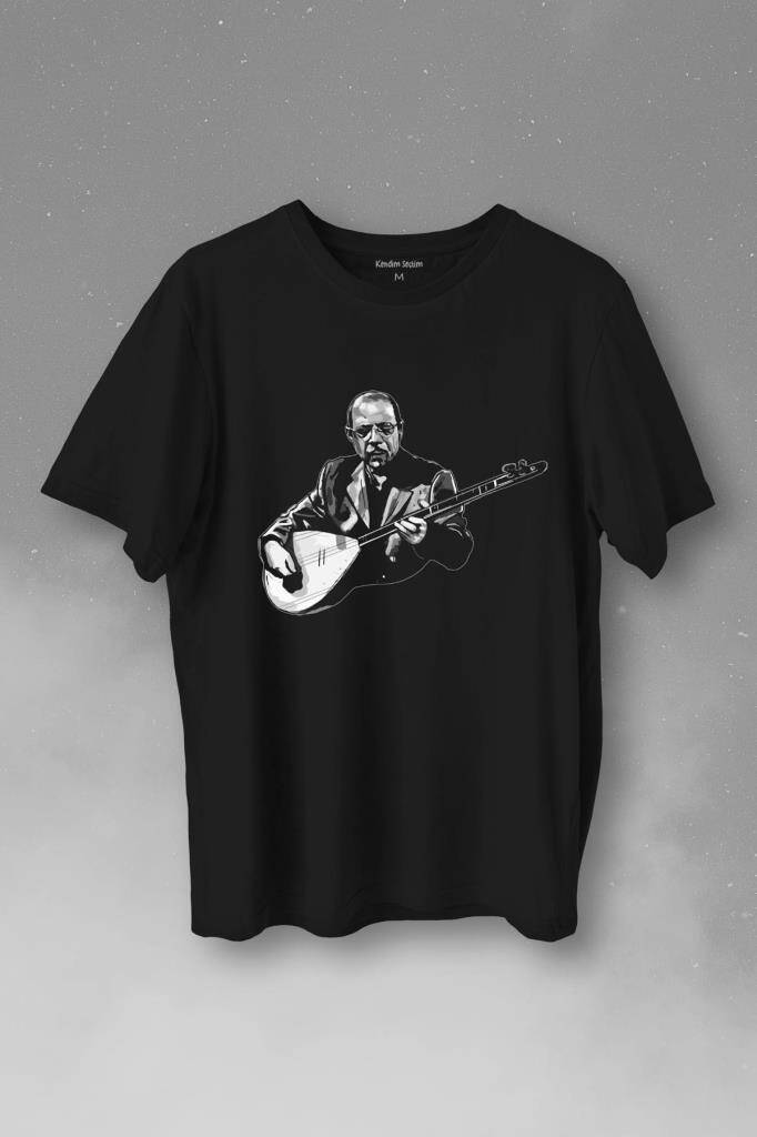 Neşet Ertaş Bozkırın Tezenesi Halk Müziği Bağlama Baskılı Siyah Tişört Unisex