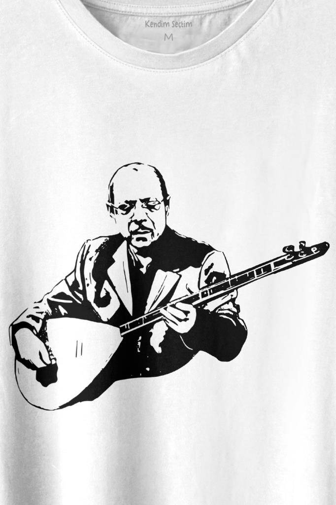 Neşet Ertaş Bozkırın Tezenesi Halk Müziği Bağlama Baskılı Beyaz Tişört Unisex (1)