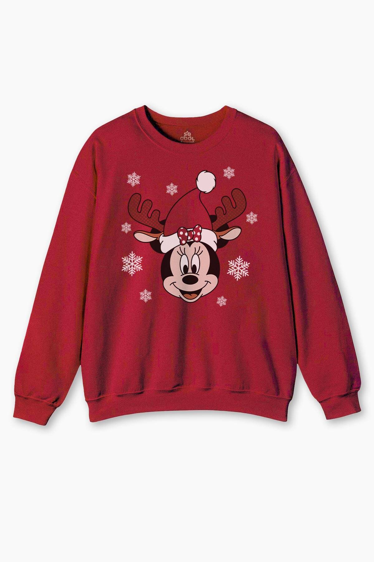 New Year Noel Merry Christmas Snow Yeni Yıl Kar Baskılı Kırmızı Sweatshirt - 1