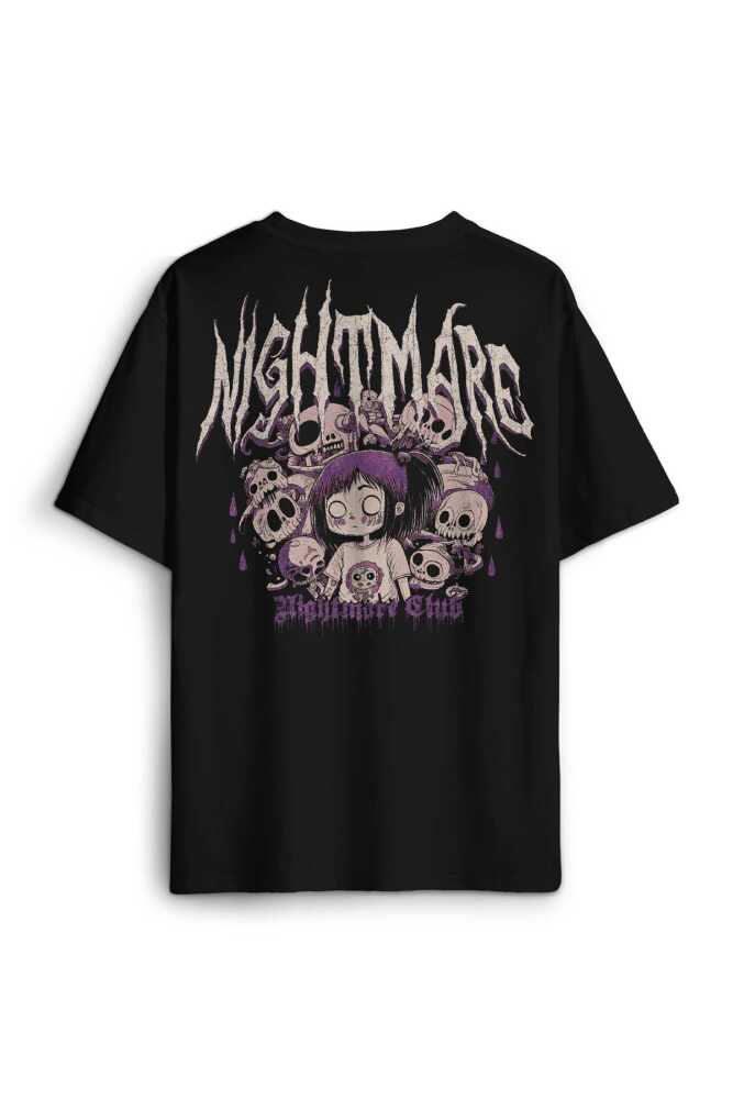 Nightmare Club Korku Kulübü Sırt Ön Baskılı Relax Fit T-shirt Siyah Unisex Oversize Tişört (1)