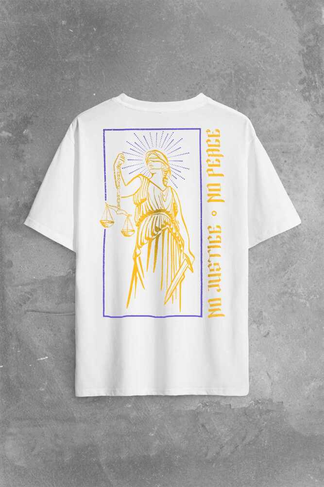 No Justice No Peace Adalet Barış Urban Street Culture Urban Wear Sırt Ön Baskılı Beyaz Oversize Tişört Unisex