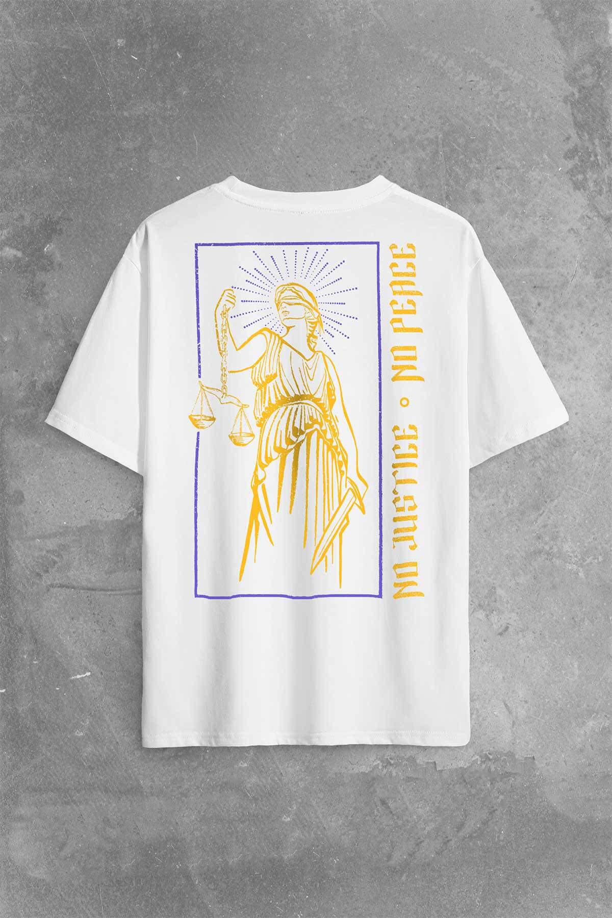 No Justice No Peace Adalet Barış Urban Street Culture Urban Wear Sırt Ön Baskılı Beyaz Oversize Tişört Unisex