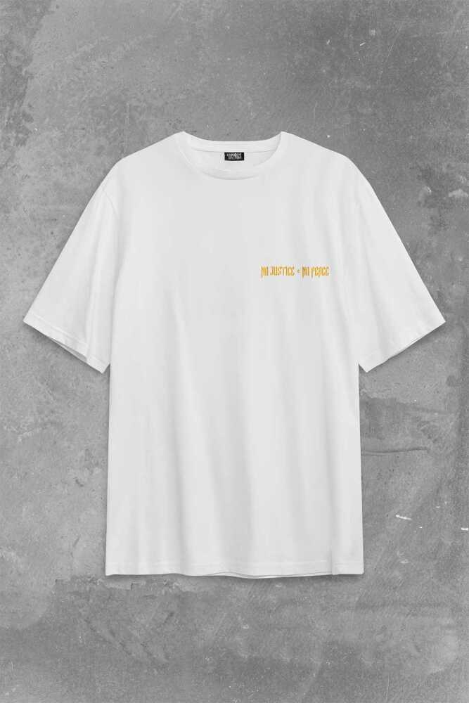 No Justice No Peace Adalet Barış Urban Street Culture Urban Wear Sırt Ön Baskılı Beyaz Oversize Tişört Unisex (1)