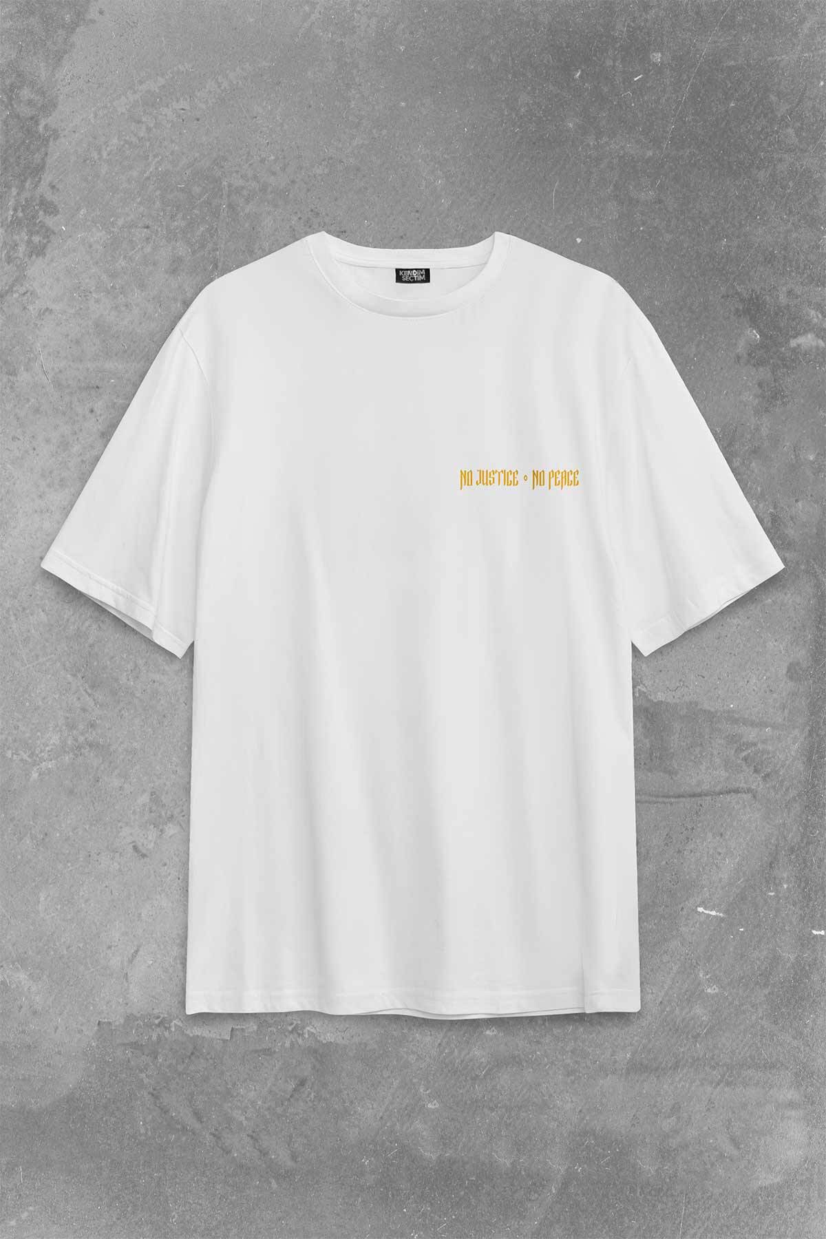 No Justice No Peace Adalet Barış Urban Street Culture Urban Wear Sırt Ön Baskılı Beyaz Oversize Tişört Unisex (1)