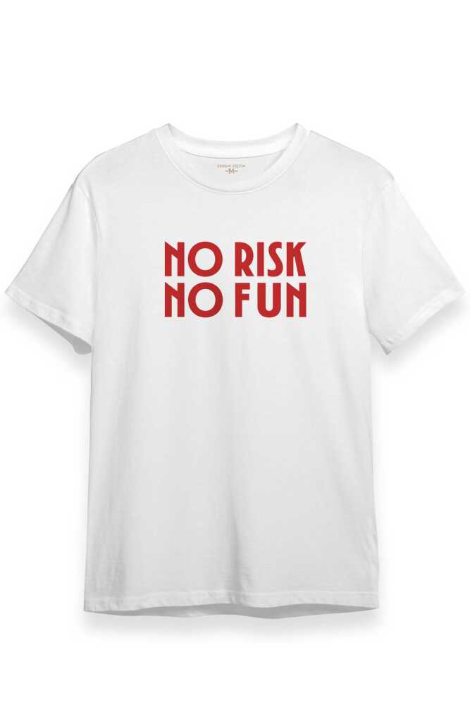 No Risk No Fun Yazı Baskılı Beyaz Regular Fit Unisex Tişört