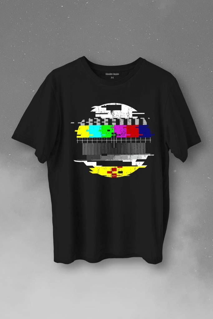 No Signal Teletex Nostalji TV Tele Tex Baskılı Siyah Tişört Unisex