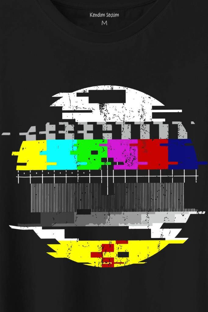 No Signal Teletex Nostalji TV Tele Tex Baskılı Siyah Tişört Unisex (1)