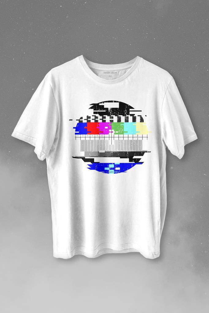 No Signal Teletex Nostalji TV Tele Tex Baskılı Beyaz Tişört Unisex