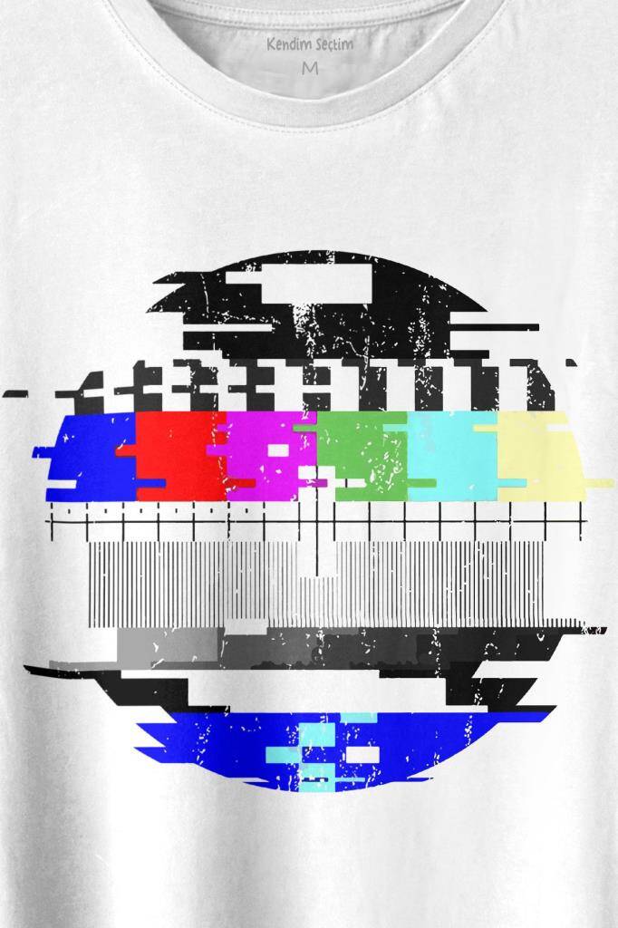 No Signal Teletex Nostalji TV Tele Tex Baskılı Beyaz Tişört Unisex (1)