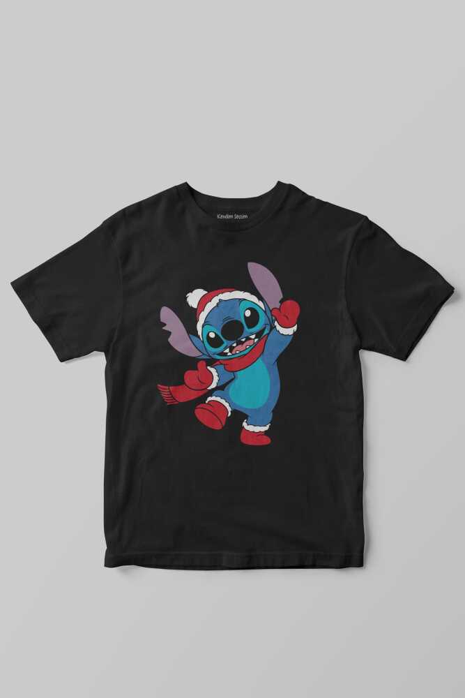 Noel Baba Kıyafetli Stitch Sevimli Karakter Yılbaşı Christmas Siyah Çocuk Kısa Kollu Tişört