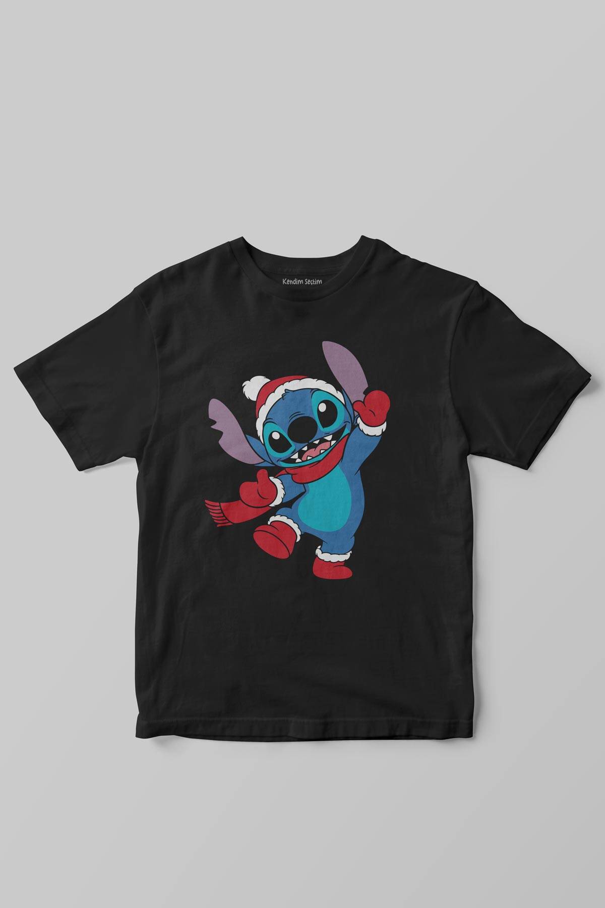 Noel Baba Kıyafetli Stitch Sevimli Karakter Yılbaşı Christmas Siyah Çocuk Kısa Kollu Tişört - 1