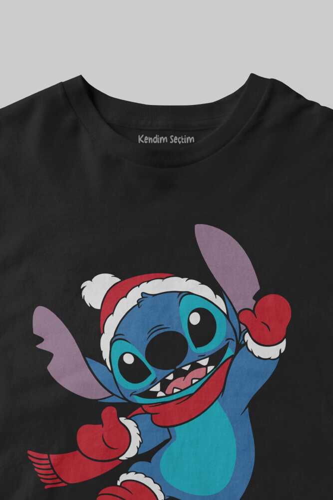 Noel Baba Kıyafetli Stitch Sevimli Karakter Yılbaşı Christmas Siyah Çocuk Kısa Kollu Tişört (1)
