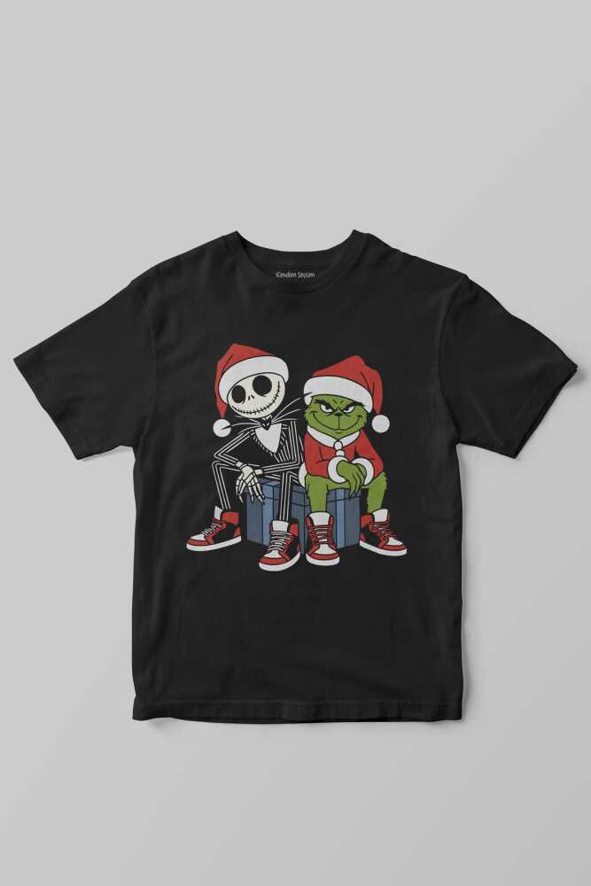 Noel Şapkalı Grinch ve Jack Skellington Yılbaşı Christmas Siyah Çocuk Kısa Kollu Tişört