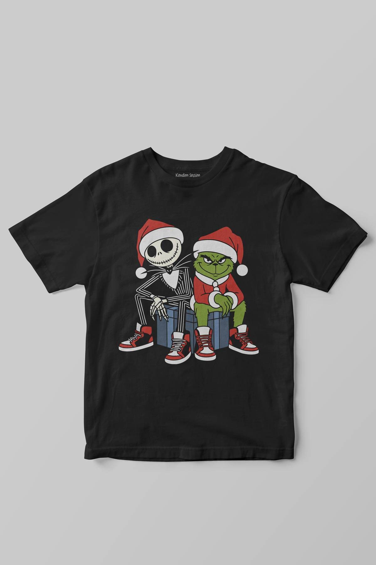 Noel Şapkalı Grinch ve Jack Skellington Yılbaşı Christmas Siyah Çocuk Kısa Kollu Tişört - 1